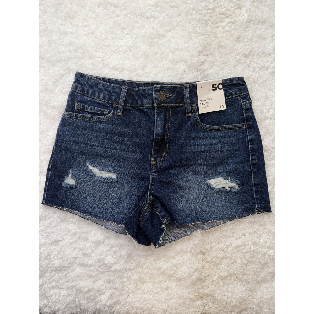 SO High Rise Shortie Denim Shorts Dark Wash Distressed Raw‎ Hem Size 11 30W NWT